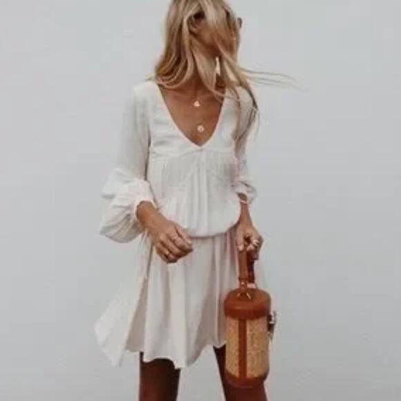 NWT SANCIA The Label Aneta Long Sleeve Silk Blend Boho Mini Dress Sz M - Picture 4 of 12